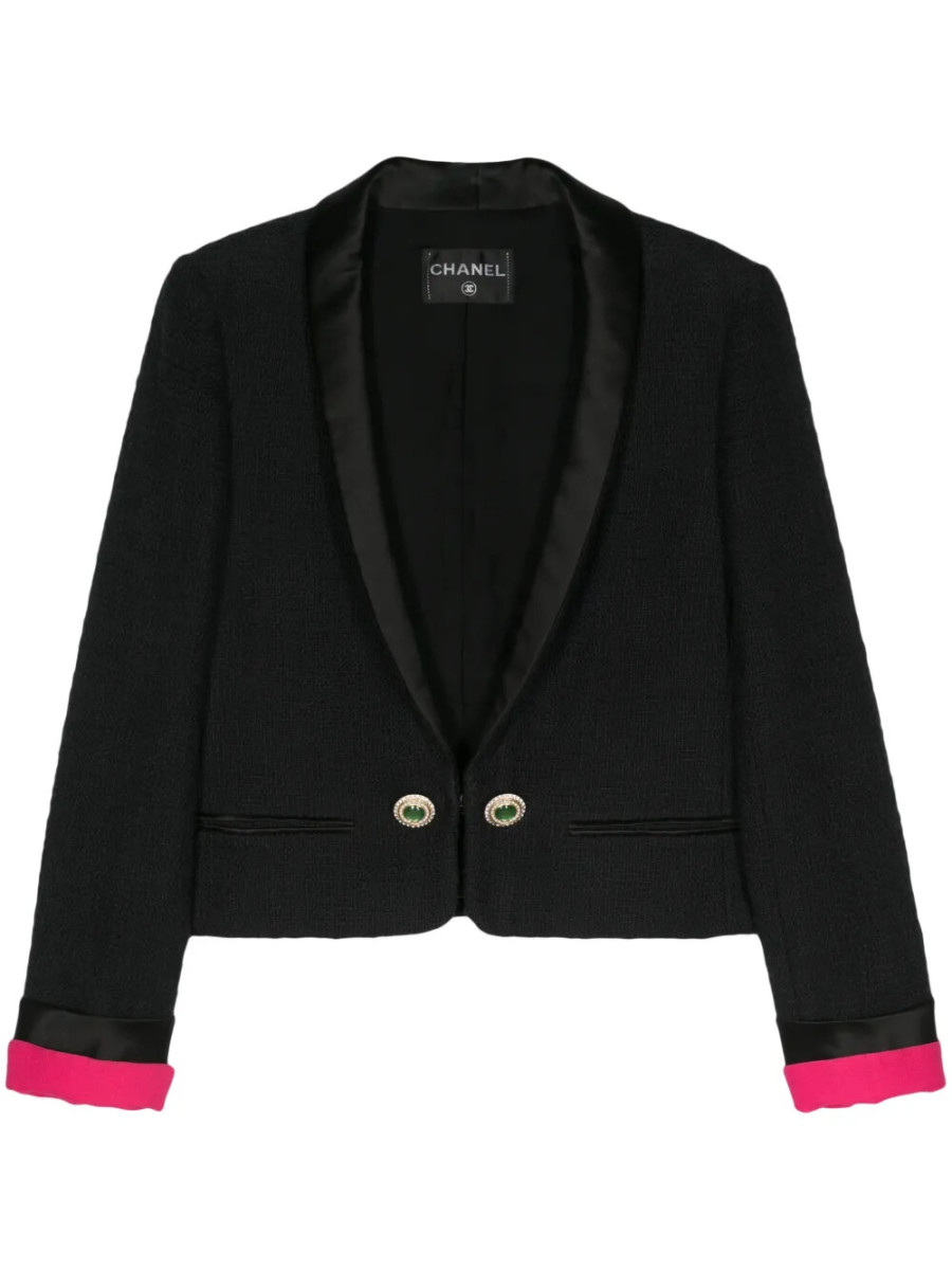 CHANEL Tweed Black Blazer Jacket with Pink Cuffs