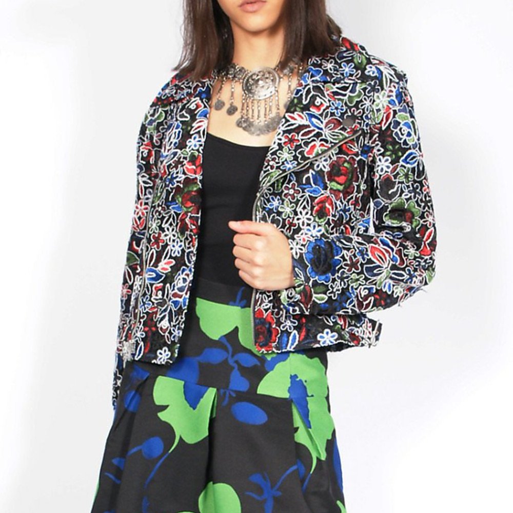 Syra J Biker Jacket With Flower Embroidery