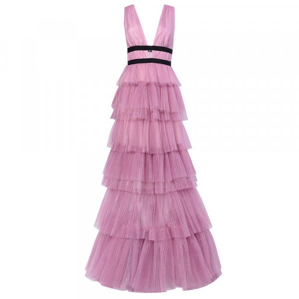 True Decadence Plunge Front Tulle Layered Maxi Dress