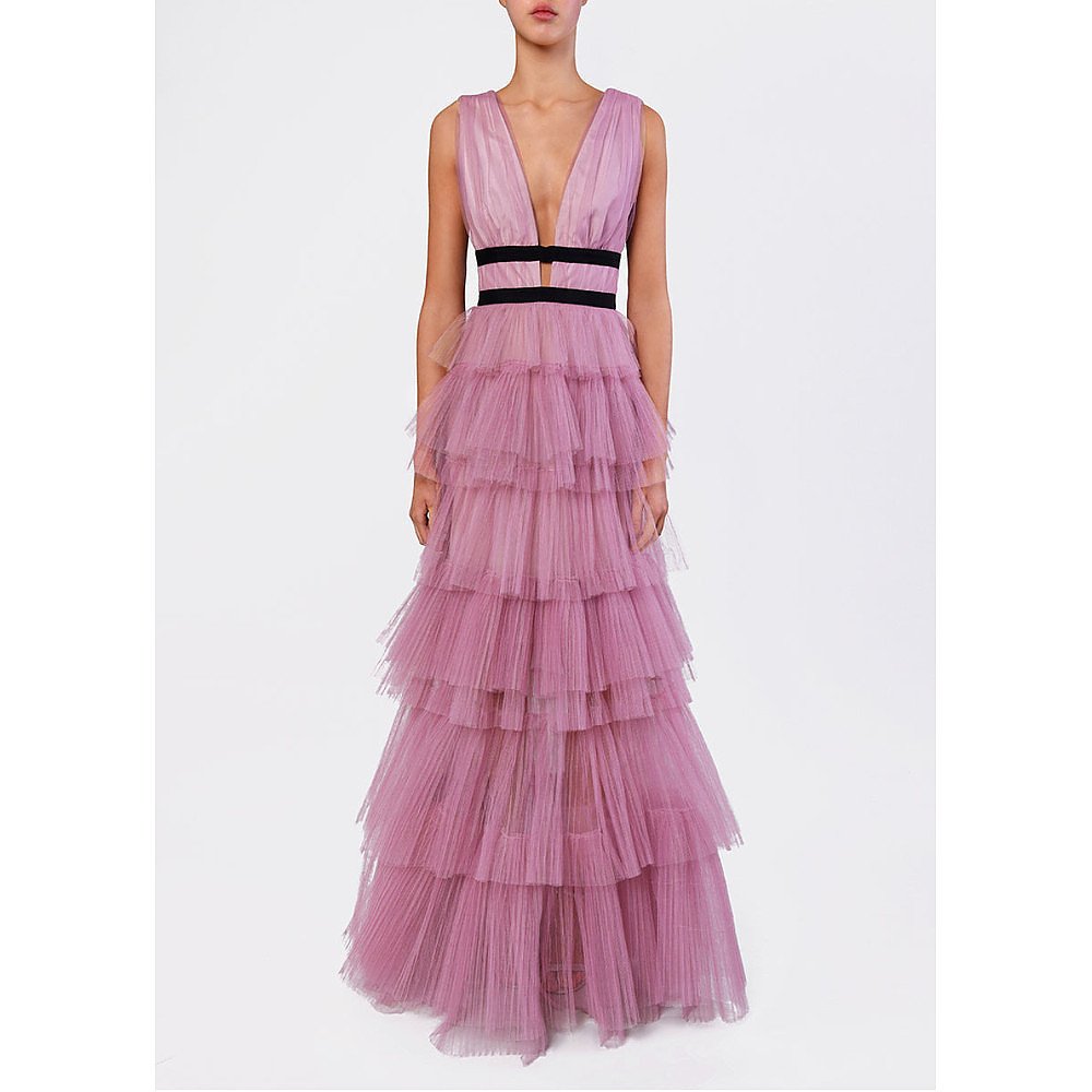 True Decadence Plunge Front Tulle Layered Maxi Dress