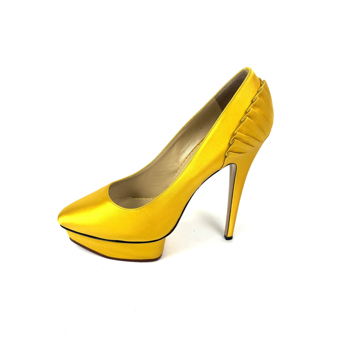 Charlotte Olympia Yellow Satin Blake Pleated Pumps