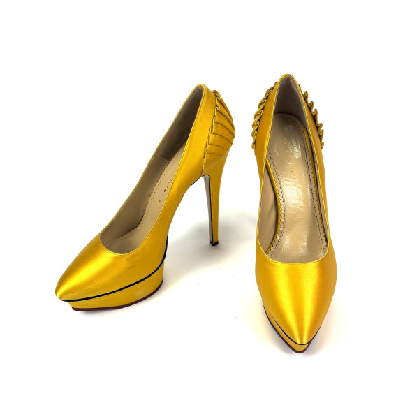Charlotte Olympia Yellow Satin Blake Pleated Pumps