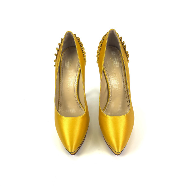 Charlotte Olympia Yellow Satin Blake Pleated Pumps