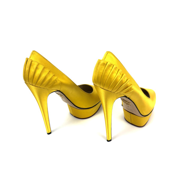 Charlotte Olympia Yellow Satin Blake Pleated Pumps