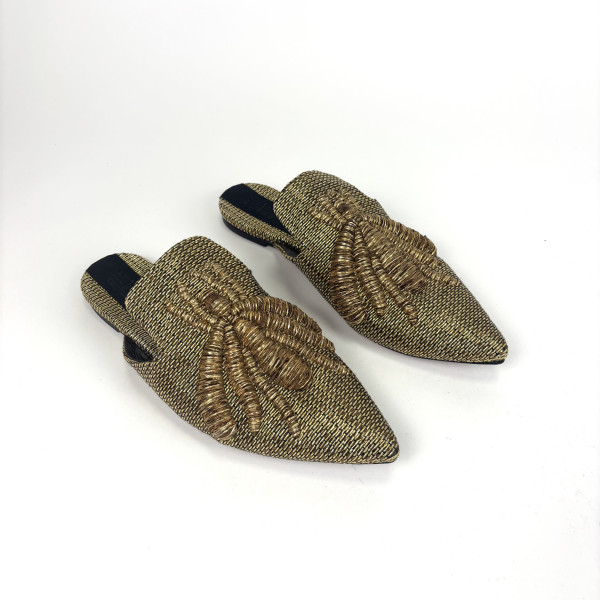 Sanayi Metallic Raffia Embroidered Bee Mules
