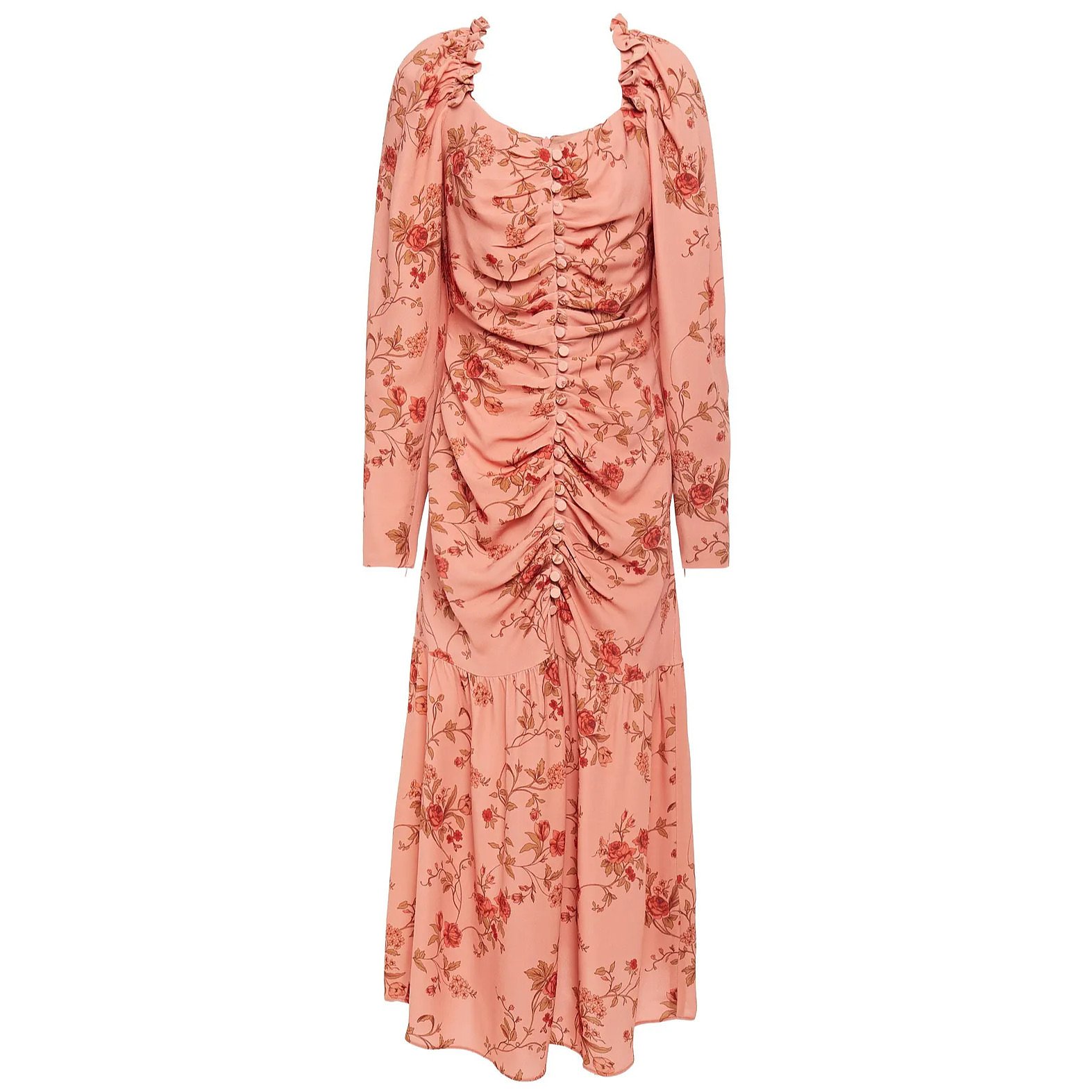 Mother of Pearl Ruched Floral-Print Crepe Midi Dress