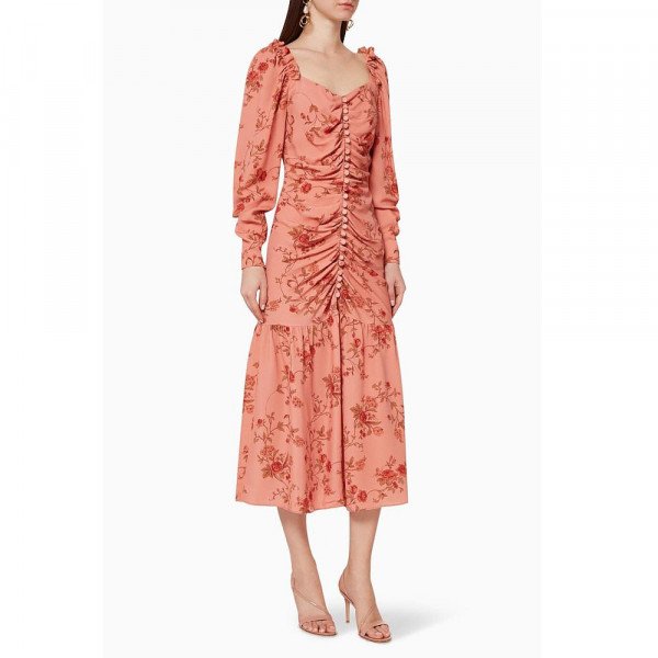 Mother of Pearl Ruched Floral-Print Crepe Midi Dress