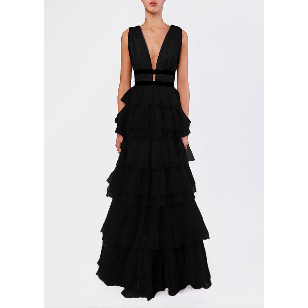 True Decadence Plunge Front Tulle Layered Maxi Dress