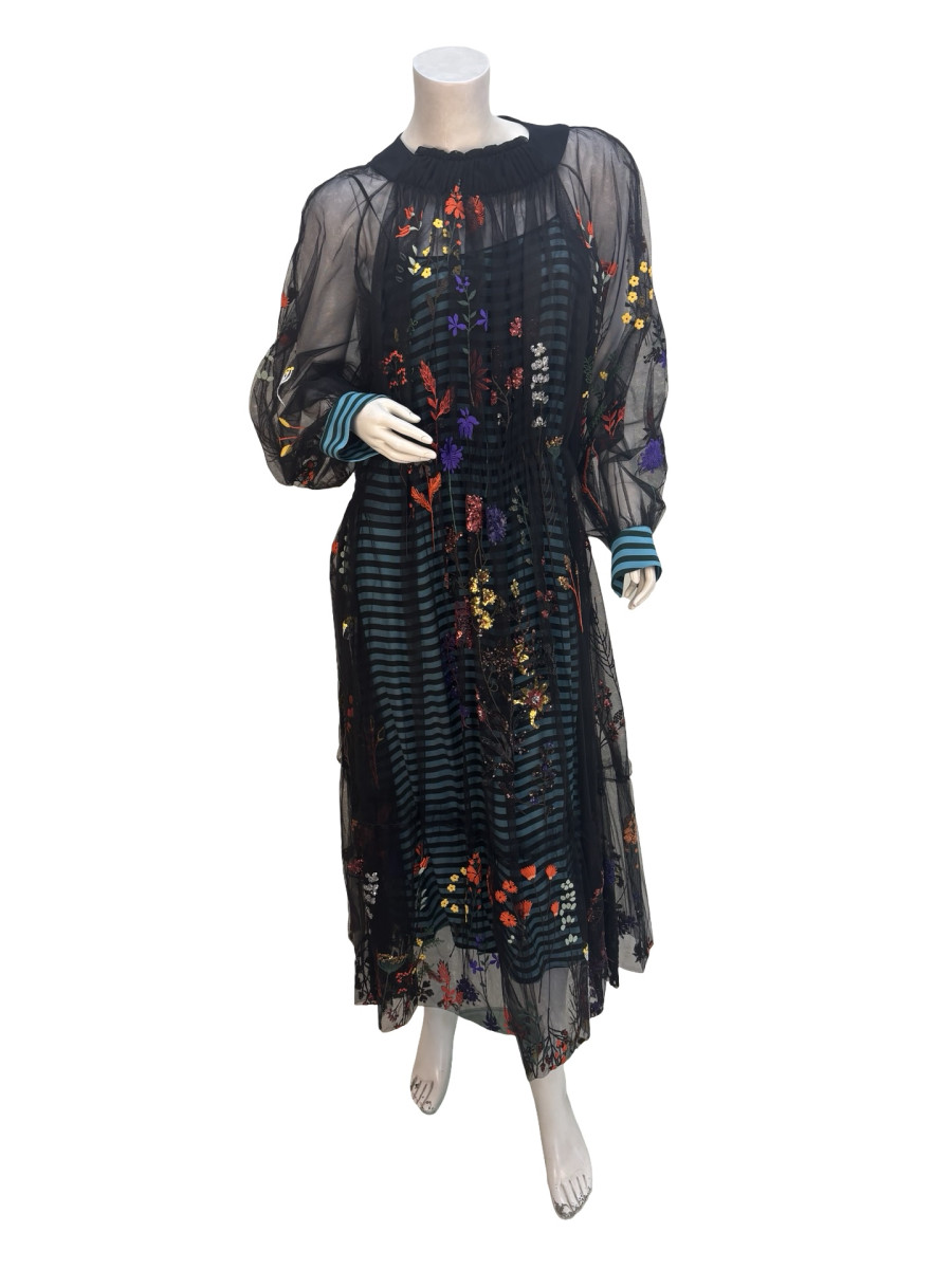 Fendi Blue Stripe Dress with Embroidered Mesh Overlay (2016)