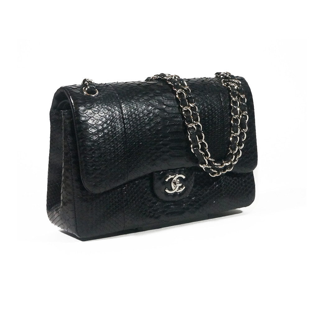 CHANEL Python Double Flap Bag Silver