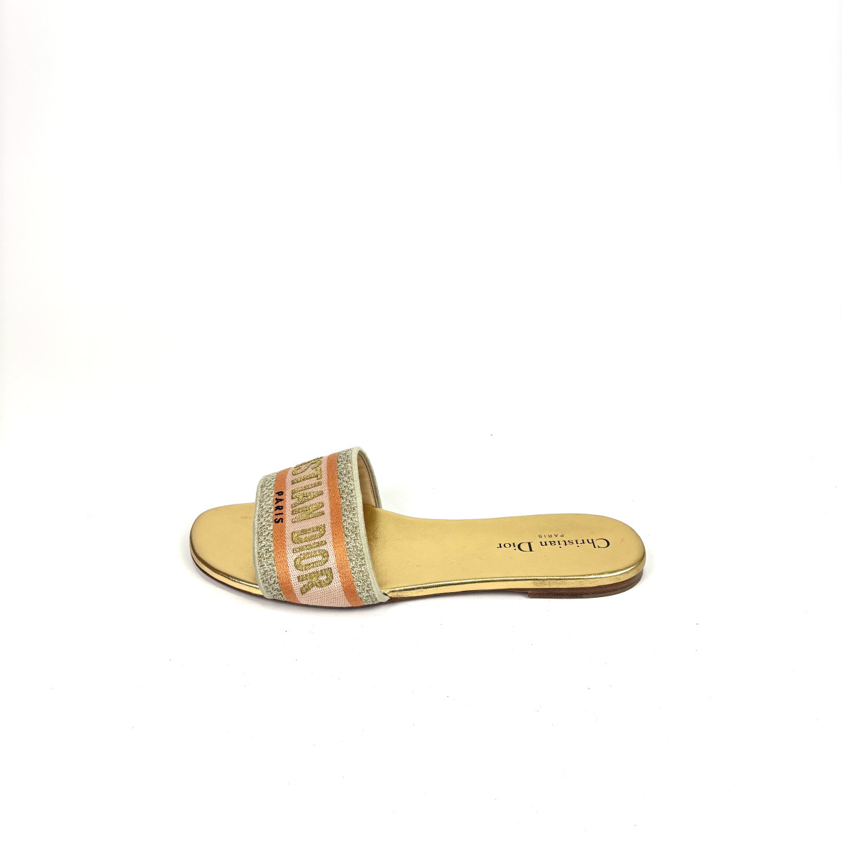 Dior Dway Slides – Gold & Blush Pink Embroidered Canvas