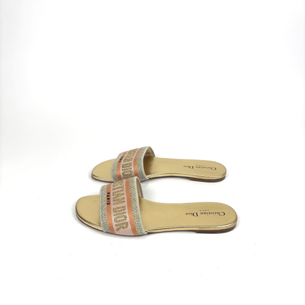 Dior Dway Slides – Gold & Blush Pink Embroidered Canvas