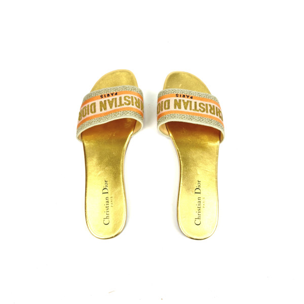 Dior Dway Slides – Gold & Blush Pink Embroidered Canvas
