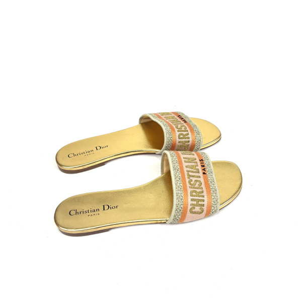 Dior Dway Slides – Gold & Blush Pink Embroidered Canvas