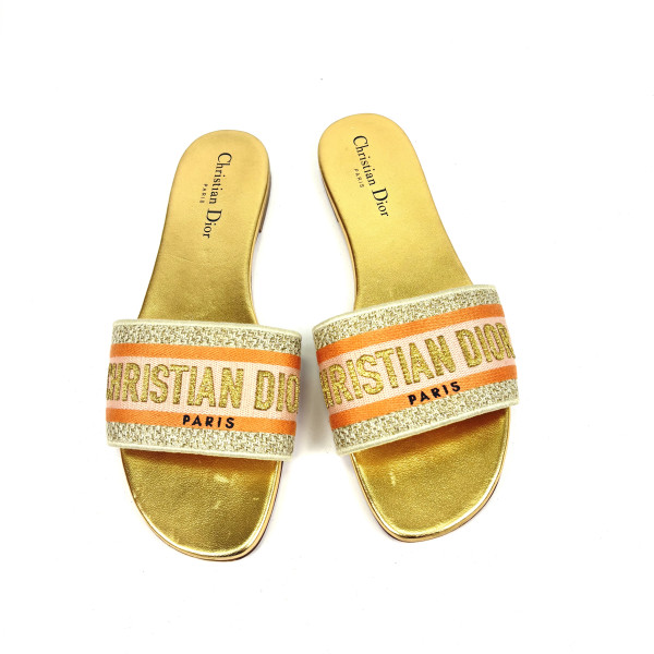 Dior Dway Slides – Gold & Blush Pink Embroidered Canvas