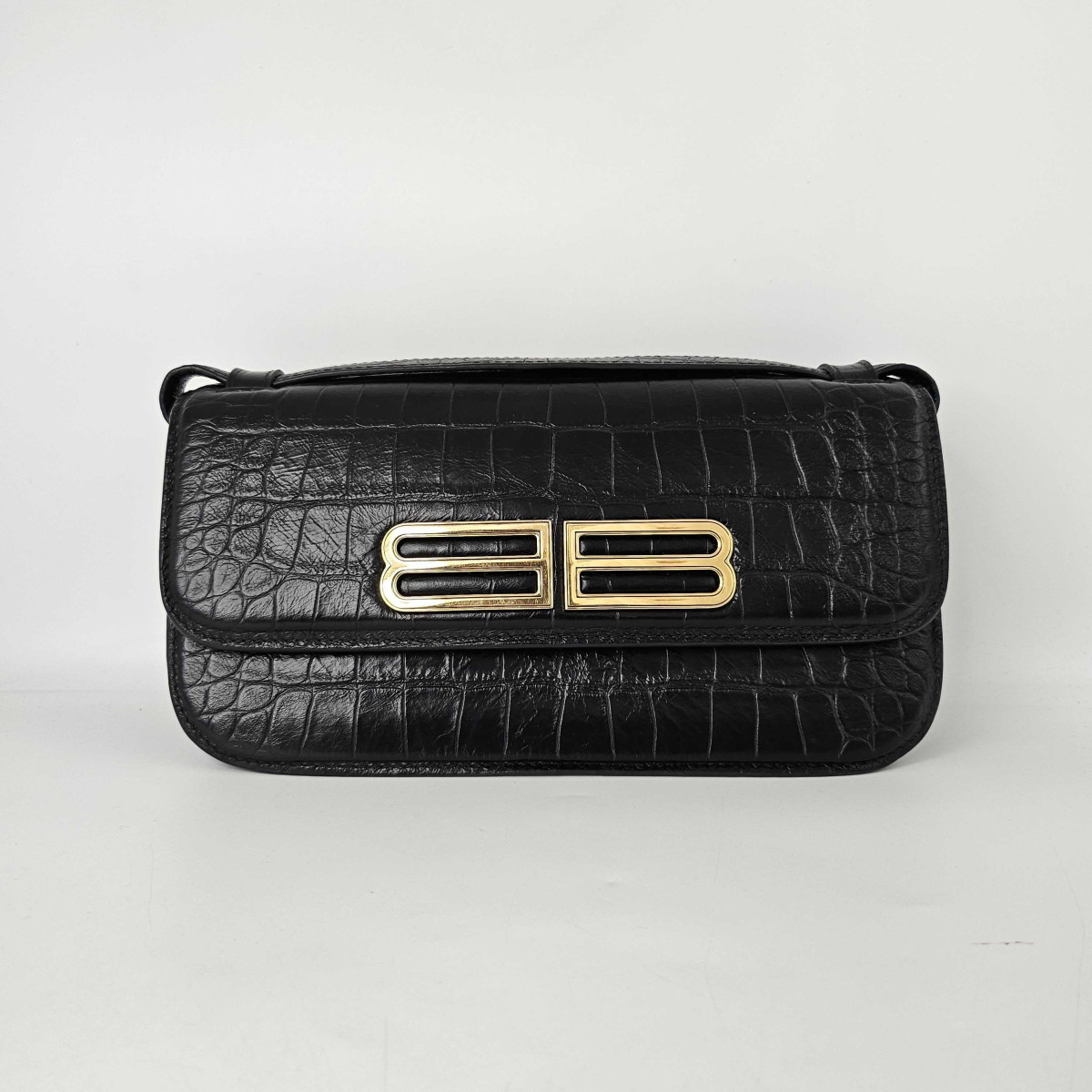 Balenciaga Gossip Small Croc-Effect Leather Shoulder Bag in Black