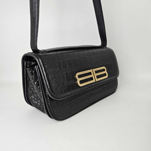 Balenciaga Gossip Small Croc-Effect Leather Shoulder Bag in Black