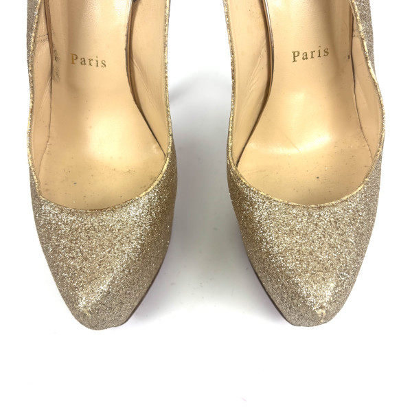 Christian Louboutin Gold Glitter Slingback Platform Heels