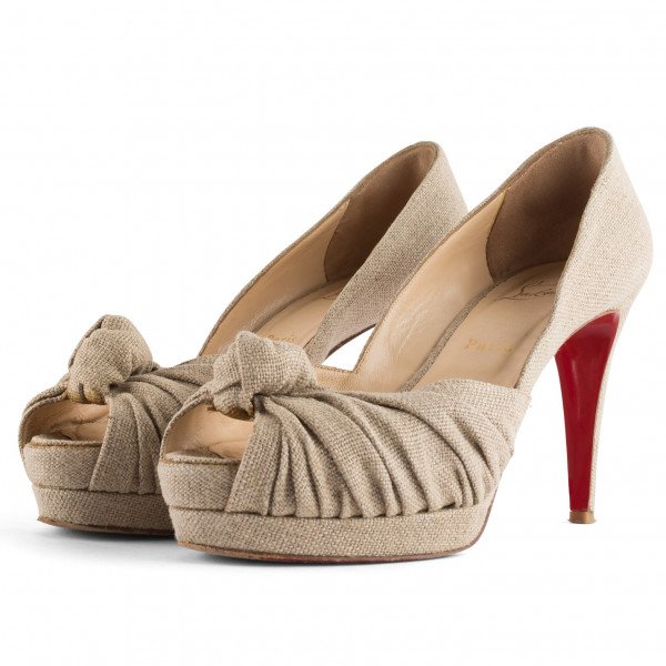 Christian Louboutin Greissimo 140 Beige Linen Peep Toe Pumps