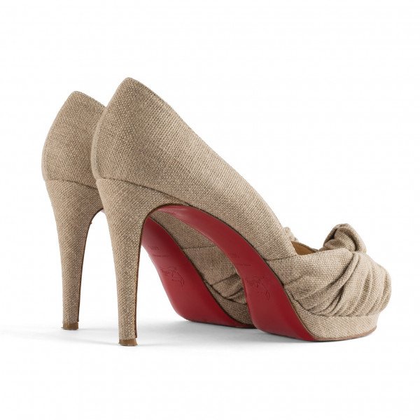 Christian Louboutin Greissimo 140 Beige Linen Peep Toe Pumps
