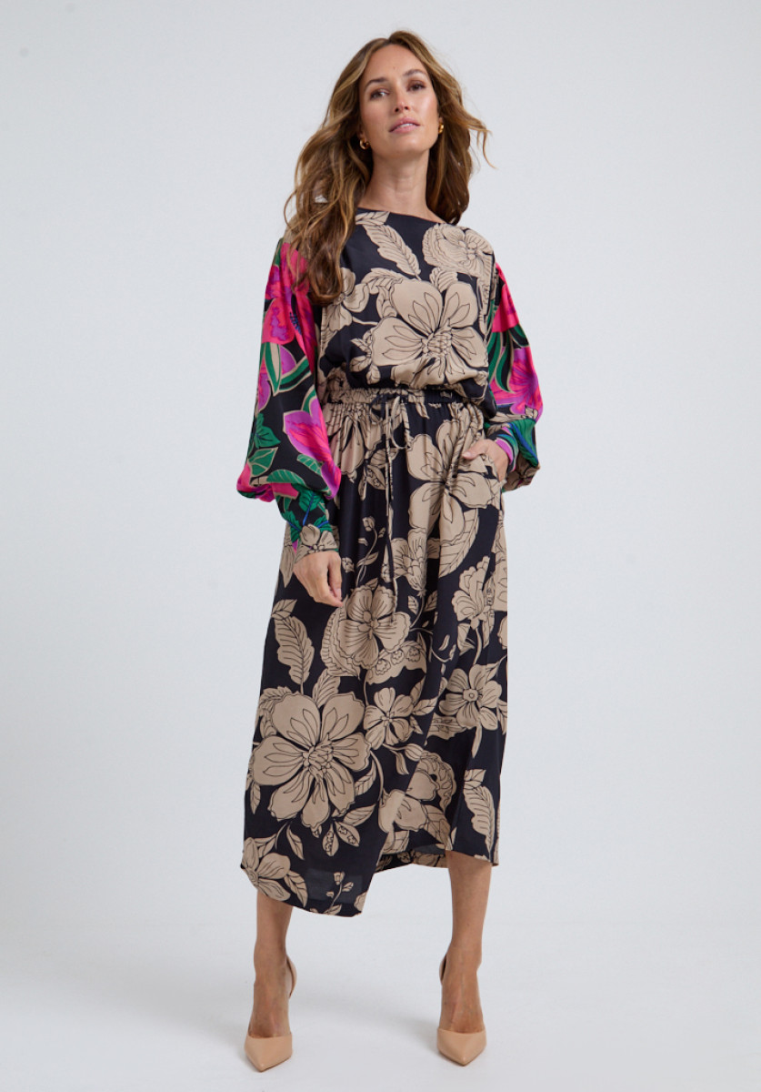 Lily and Lionel Celeste Gathered Waist Floral Printed Midi Dress In Multi