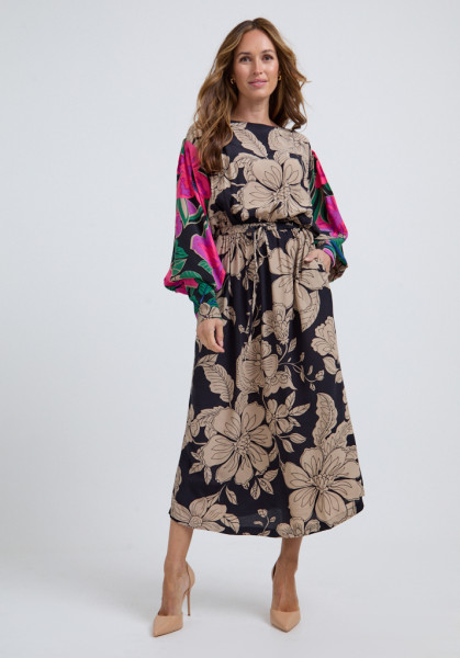 Lily and Lionel Celeste Gathered Waist Floral Printed Midi Dress In Multi