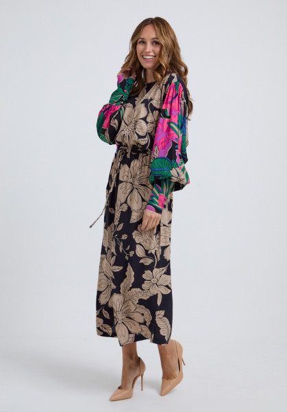 Lily and Lionel Celeste Gathered Waist Floral Printed Midi Dress In Multi