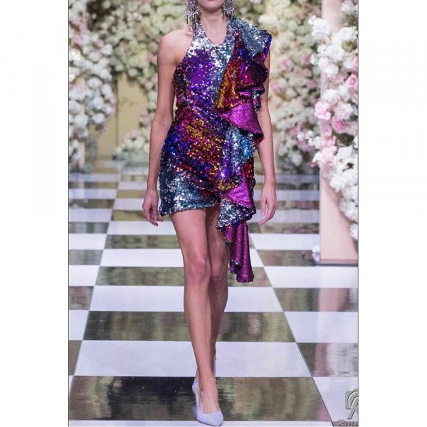 Halpern Ruffled Sequin Mini Dress