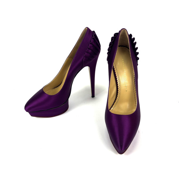 Charlotte Olympia Deep Purple Satin Blake Pleated Pumps