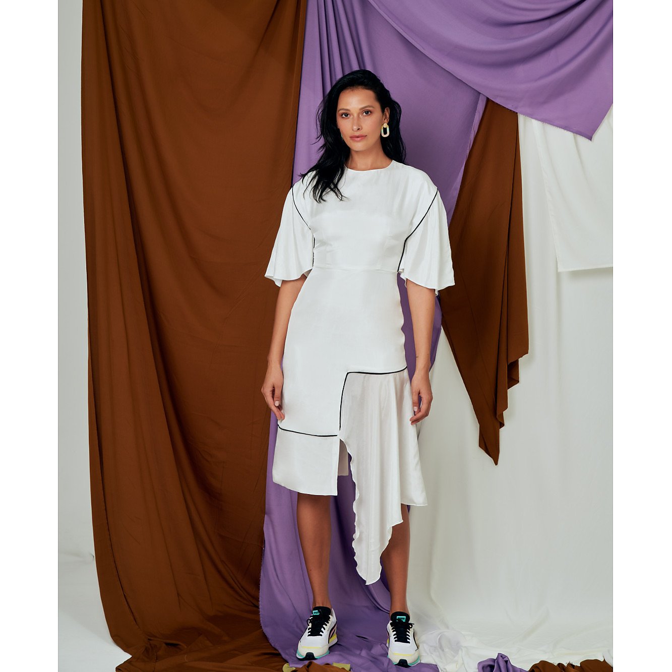 L'Mane Contrast Trim Asymmetric Midi Dress