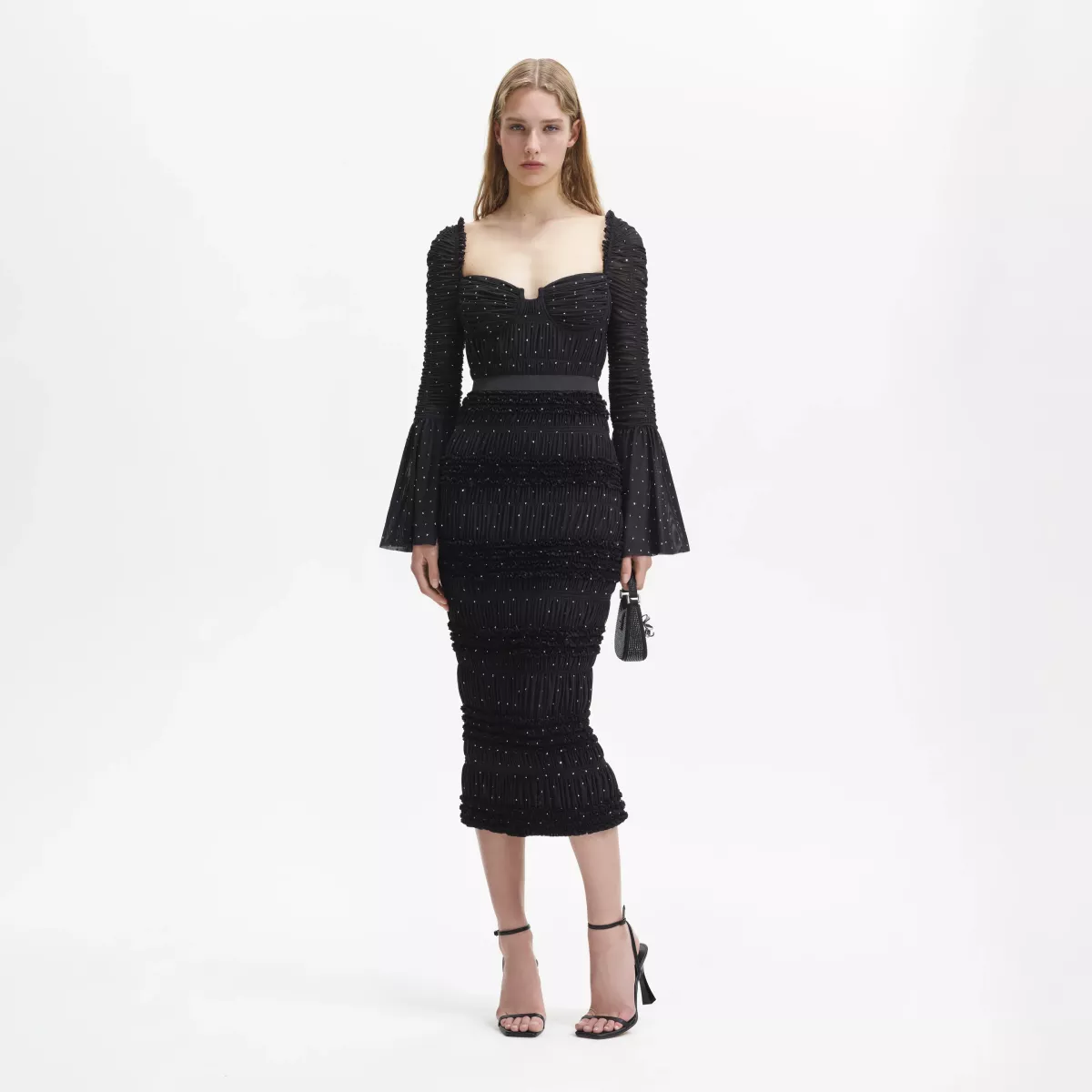 Self-Portrait BLACK MESH RHINESTONE MIDI DRESS