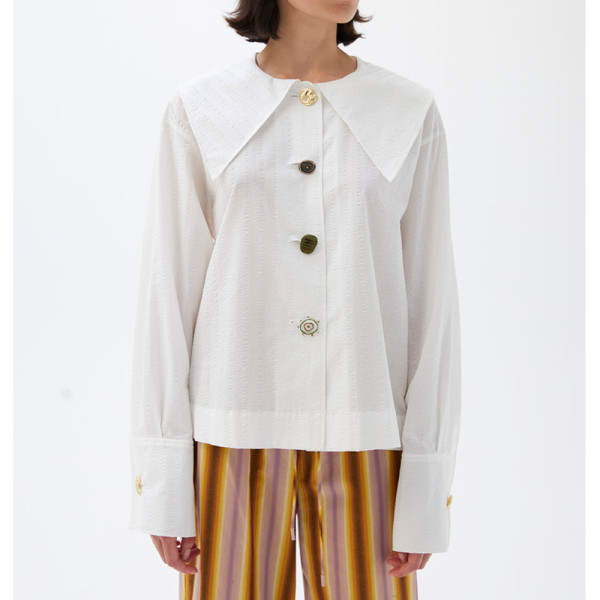 Rejina Pyo Seersucker Long Sleeve Shirt in White