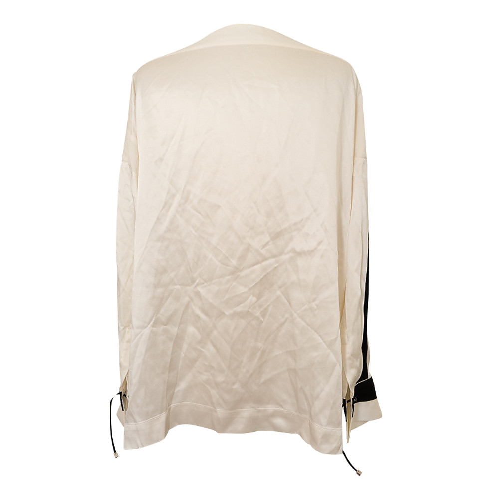 Amanda Wakeley v neck white blouse with black cuff sleeve detailing