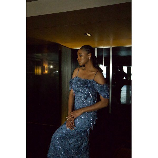 NALÈ Blue Off-Shoulder Flared Sequin Gown