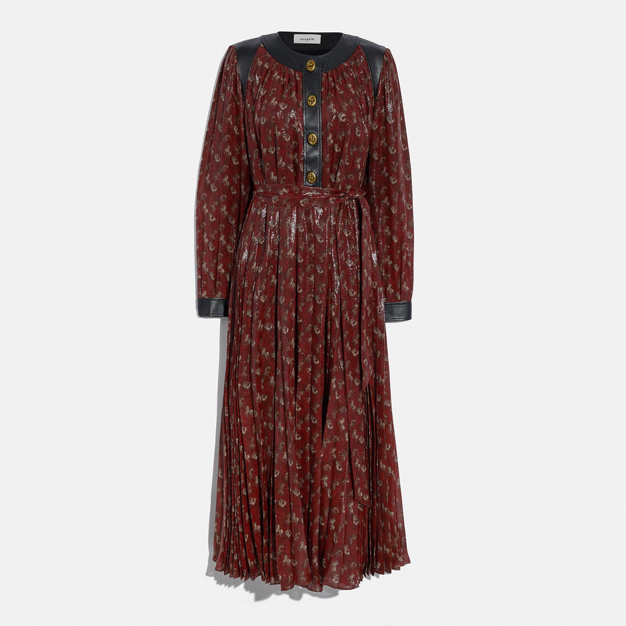 Coach Lurex Carriage Print Pleated Dress With Hardware