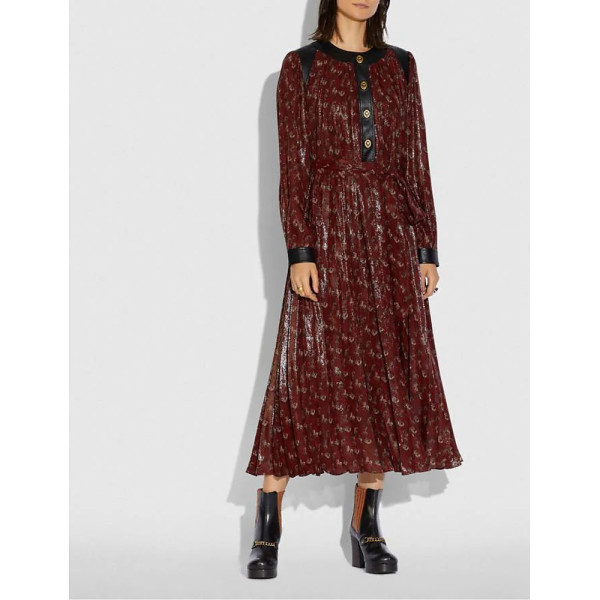 Coach Lurex Carriage Print Pleated Dress With Hardware