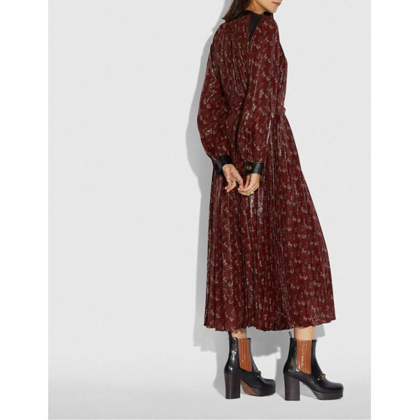 Coach Lurex Carriage Print Pleated Dress With Hardware