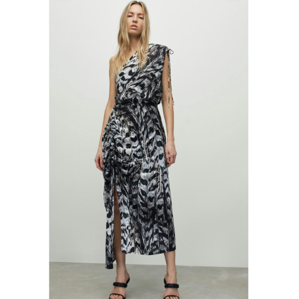 AllSaints Laura Ines Print One Shoulder Silk Dress