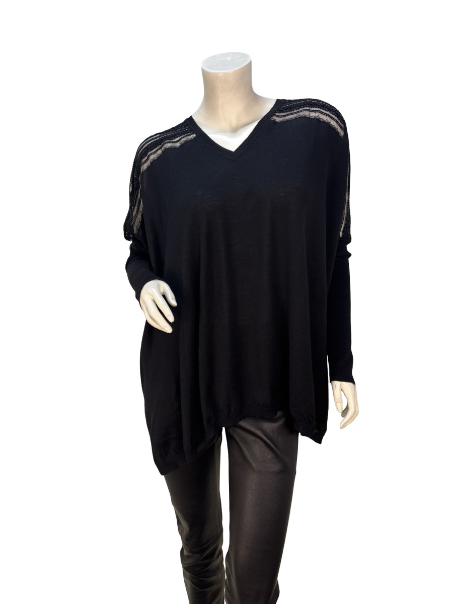 Valentino V-Neck Knit Top with Beaded Lace Detail