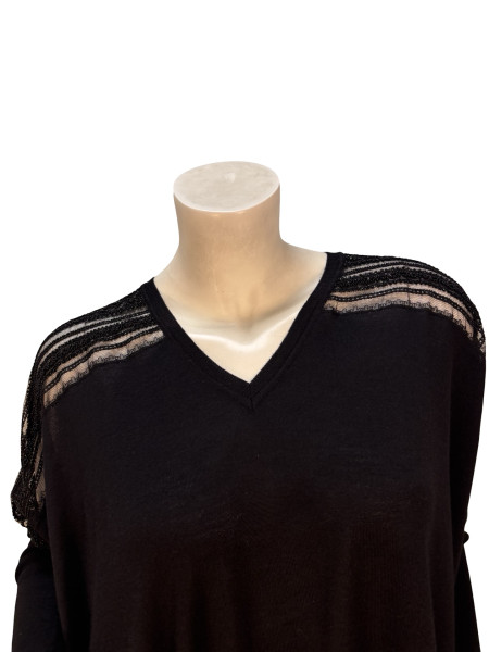 Valentino V-Neck Knit Top with Beaded Lace Detail