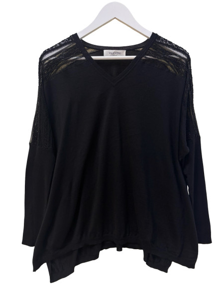 Valentino V-Neck Knit Top with Beaded Lace Detail
