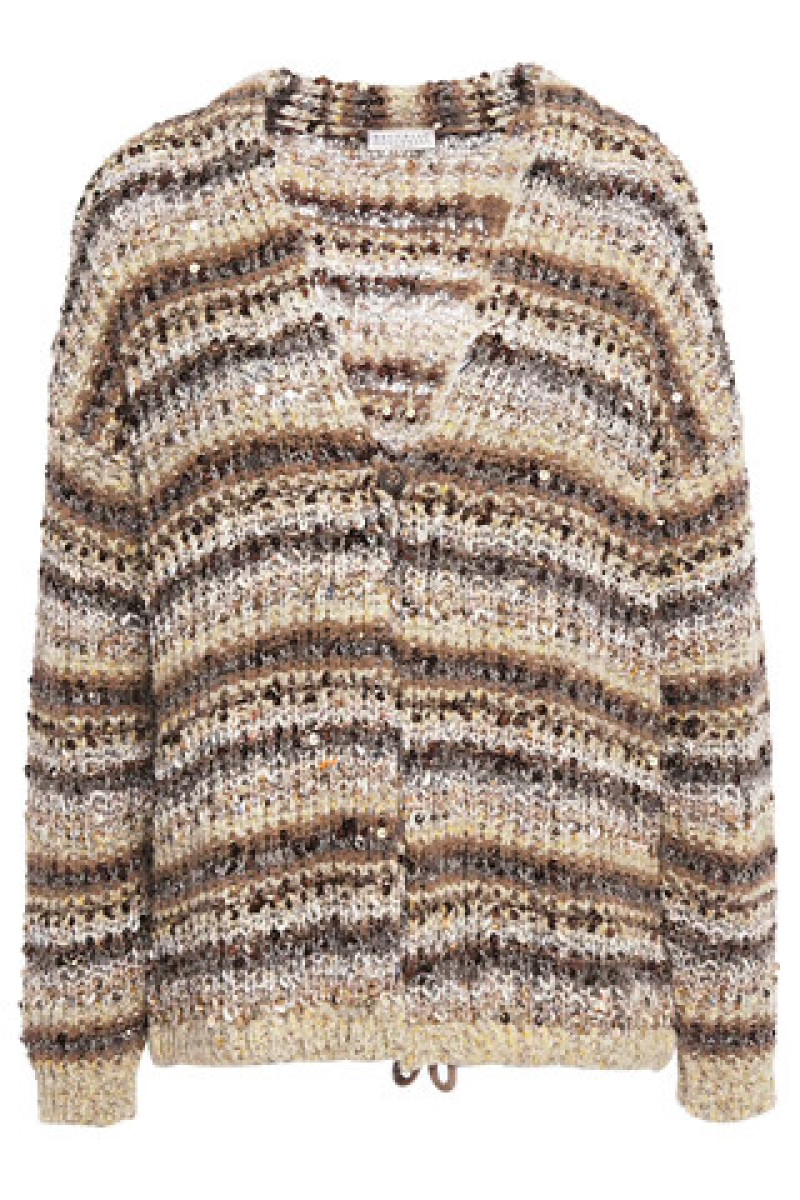 Brunello Cucinelli Sequin-Embellished Metallic Striped Bouclé-Knit Cardigan
