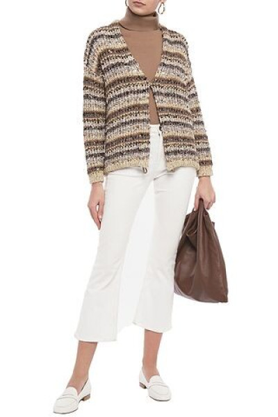 Brunello Cucinelli Sequin-Embellished Metallic Striped Bouclé-Knit Cardigan