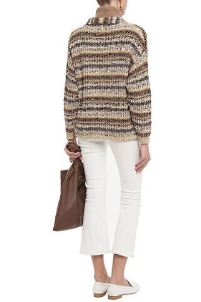 Brunello Cucinelli Sequin-Embellished Metallic Striped Bouclé-Knit Cardigan