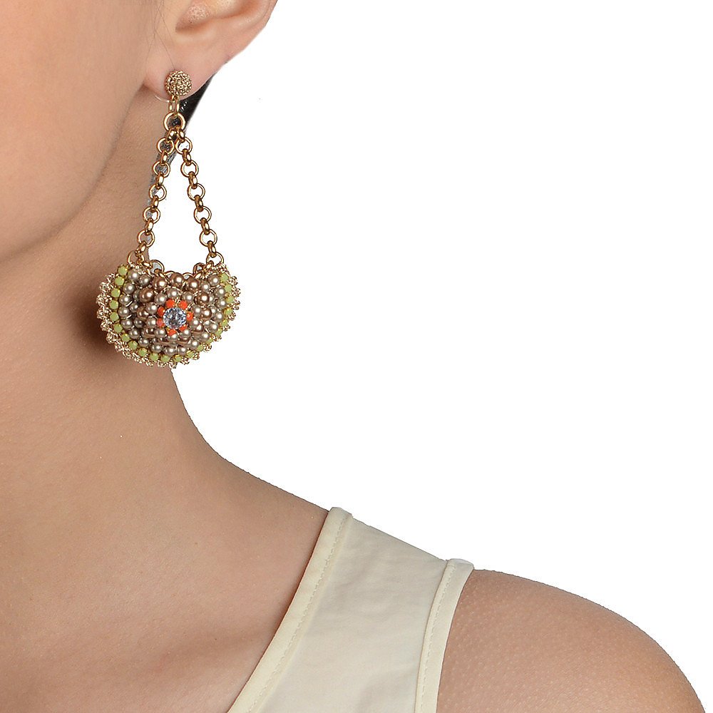 St Erasmus Pearl and Crystal Crescent Disk Earrings