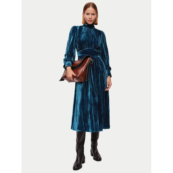 Jigsaw Plisse Velvet Midi Dress