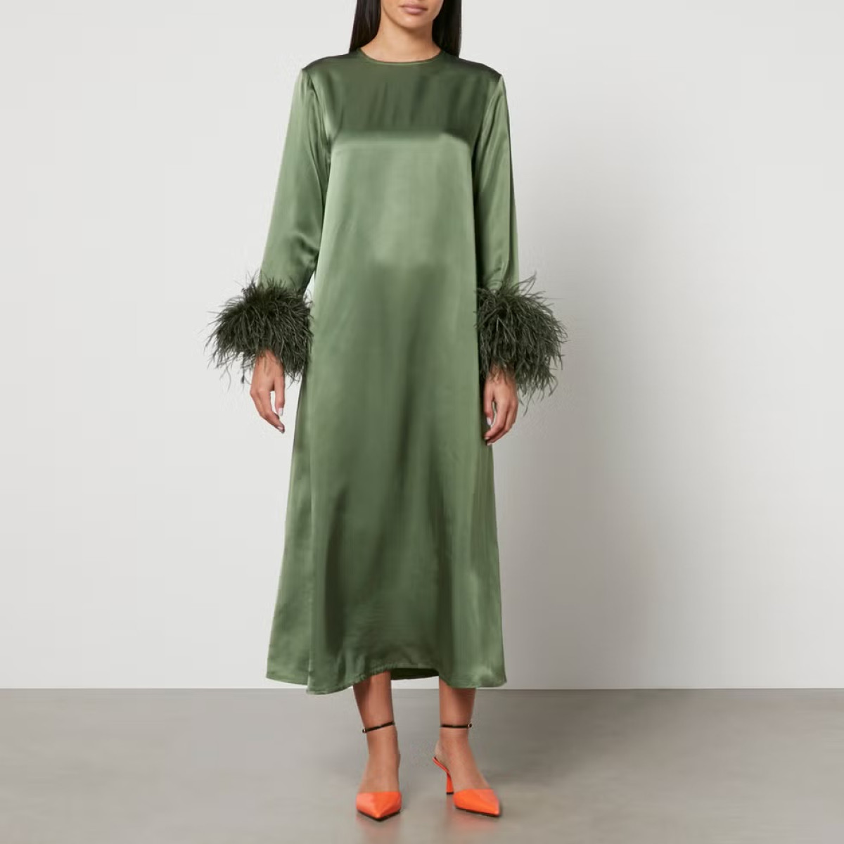 Sleeper Suzi maxi dress with detachable feathers in green