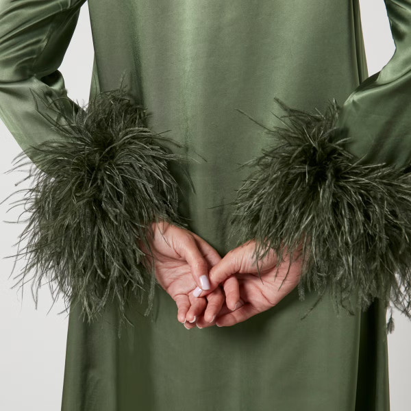 Sleeper Suzi maxi dress with detachable feathers in green