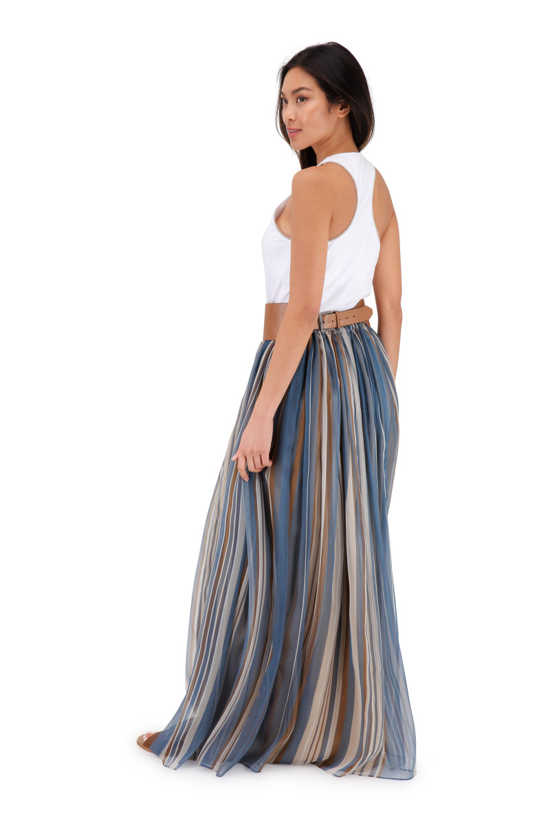 Brunello Cucinelli Petrol Organza Vertical Striped Maxi Skirt