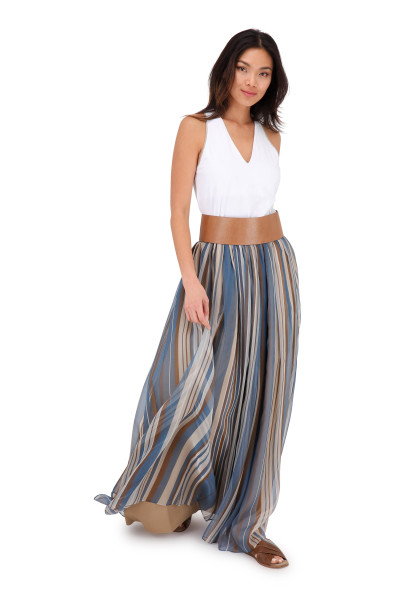 Brunello Cucinelli Petrol Organza Vertical Striped Maxi Skirt